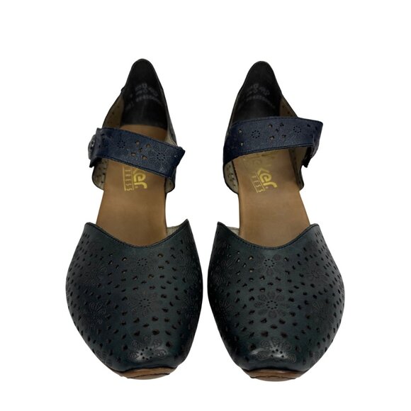 Rieker Antistress LaserCut Blue Leather Comfort Mary Jane Heels Velcro Strap Sz9 - Picture 3 of 11